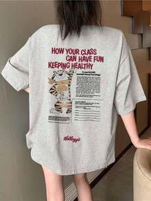 [ 100% Cotton ] Recommended New Products For Summer 2026: Lace Logo T-Shirt, Summer Dress, Women's Fashion T-Shirt, Short Sleeve Office Casual 200g Cotton Cartoon Character Printed Loose White Top, Y2K Women's Top, Spring Dress Top - Light Gray - View 1
