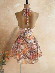 Vestido con cuello de halter con empalmado de encaje, estampado floral y de cebra para mujer - Azul - Ver 9
