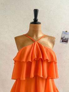 Nuevo vestido elegante y romántico para invitados de boda, de unicolor, con espalda descubierta, multicapa con volantes de gasa, adecuado para estilo bohemio, boho, floral romántico, vacaciones, floral, citas, San Valentín, Pascua, carnaval,é de la tarde, playa, crucero, vacaciones en la ciudad - Naranja Coral - Ver 5