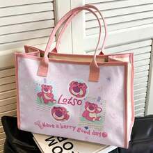 Miniso Túi Tote Toy Story Lotso - Túi đeo vai bằng vải canvas in chữ "Have A Berry Good Day", túi xách dung tích lớn dùng cho đi làm, đi học, du lịch & mua sắm - Hồng - Xem 6