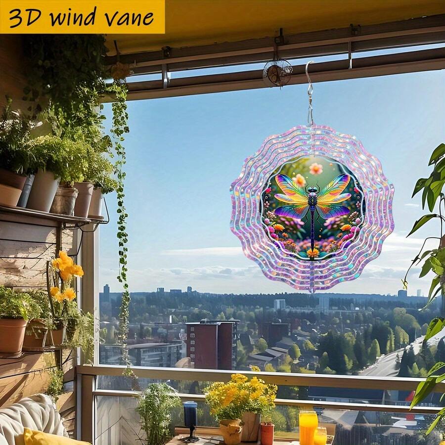 3D“彩虹蜻蜓花园”高级装饰风车，带旋转挂钩，10英寸 x 10英寸，360° DIY创意设计 - 适用于花园和露台、节日装饰、户外摆件、趣味装饰，坚固的金属材质，可悬挂装饰，适合节日购物者和活动策划者