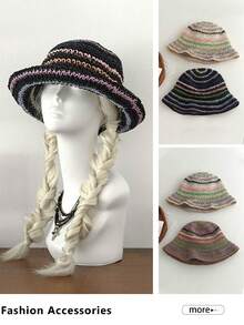 Dopamine Striped Straw Fisherman Hat Women Summer Hollow Out Breathable Bucket Hat Slimming Face Sun Protection Sun Hat Plus Size Rainbow Striped Hollow Straw Hat Women Travel Outdoor Sun Protection Face Covering Sun Hat Women New Wide Brim Slimming Face Large Head Circumference Handmade Woven Large Size Fisherman Hat Vacation Beach Bucket Hat Back To School - Multicolor - View 6