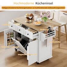 Kitchen Island With Wheels, Extendable Dining Area, Kitchen Island With Waste Bin And Drawers, Mobile Kitchen Island Ideal For Kitchen And Dining Room (White) - White+Natural - View 6