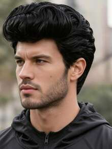Wig Hitam Pria 8 Inci, Bahan Serat Sintetis Bebas Lem, Alami dan Mengembang, Serbaguna untuk Pesta, Natal, Festival Musik, Cosplay - Hitam - View 8