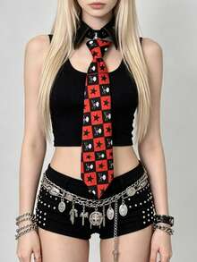 1 chiếc cà vạt rời phong cách Gothic Punk dành cho nữ, họa tiết đầu lâu và ngôi sao kẻ caro đỏ đen, cổ áo bằng da PU có thể tháo rời, phụ kiện thời trang đường phố Y2K. - Đen và đỏ - Xem 1