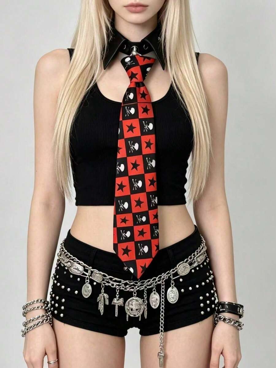1 chiếc cà vạt rời phong cách Gothic Punk dành cho nữ, họa tiết đầu lâu và ngôi sao kẻ caro đỏ đen, cổ áo bằng da PU có thể tháo rời, phụ kiện thời trang đường phố Y2K. - Đen và đỏ - Xem 1
