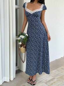 Unity Vestido midi de línea A con mangas cortas abullonadas, cintura alta, cuello con aplicación de corazón y encaje, estampado de lunares blanco y negro en patchwork.Minimalista, elegante y dulce, adecuado para uso diario, viajes, primavera/verano, mujeres - Azul marino 2 - Ver 4