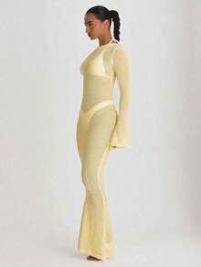 Resort Maxi Vestido de Punto con Espalda Descubierta para Vacaciones, Verano, Viajes, Ropa de Playa Básica, Color Sólido, Estilo Resort Core - Amarillo - Ver 4