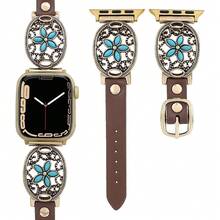 1 pieza Correa de reloj vintage turquesa, compatible con Apple Watch 38mm 40mm 41mm 42mm 44mm 45mm 49mm S10 42mm, diseño hueco estilo bohemio, correa de moda personalizada única, adecuada para fiesta, banquete, regalo del Día de San Valentín/Día de la Madre. - Dorado - Ver 7