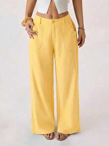 PETITE Pantalones rectos de cintura baja de 100% algodón lavado, pantalones de lino para mujer, pantalones de verano, pantalones anchos de mujer, pantalones de verano, otoño y ropa de otoño para mujer - amarillo ganso - Ver 4
