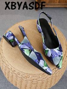 XBYASDF 2026 Nuevos Zapatos de Tacón Grueso con Punta Afilada y Correa Trasera para Mujer, Estampado Abstracto Azul Púrpura Verde, Sandalias de Tacón Alto de 3cm para Ir al Trabajo y Citas - Azul - Ver 1