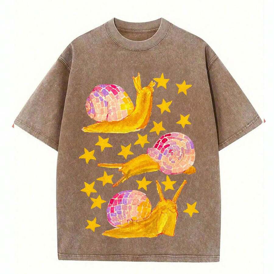 1%, Watercolor Snail Dance Starlight Printed T-Shirt, Suitable For Daily Wear, Easy To Wear In Summer, Comfortable Short-Sleeved Outdoor Holiday S, Fa - 咖啡棕 - 查看 1