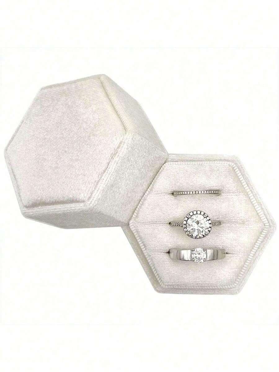 1pc Velvet Ring Box, Hexagonal 3-Slot Ring Box, Suitable For Wedding Ceremony, Can Hold Multiple Rings, White Engagement Wedding Commemorative Box, Wedding Ring Storage Box, Engagement Ring Organizer Box - Multicolor - View 1