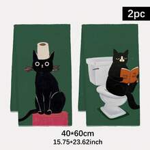 2pcs Cat Pattern Printed 40*60cm Soft Fiber Kitchen Towels, Absorbent Dish Cloths, Farmhouse Style Towels, Suitable For Kitchen, Bathroom, Housewarming Gifts, Great Value For Home - Green - View 12