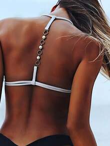 Top de Bikini Sexy y Decorativo de Color Sólido con Espalda Descubierta y Cuello Halter Swim Vcay - Blanco - Ver 1