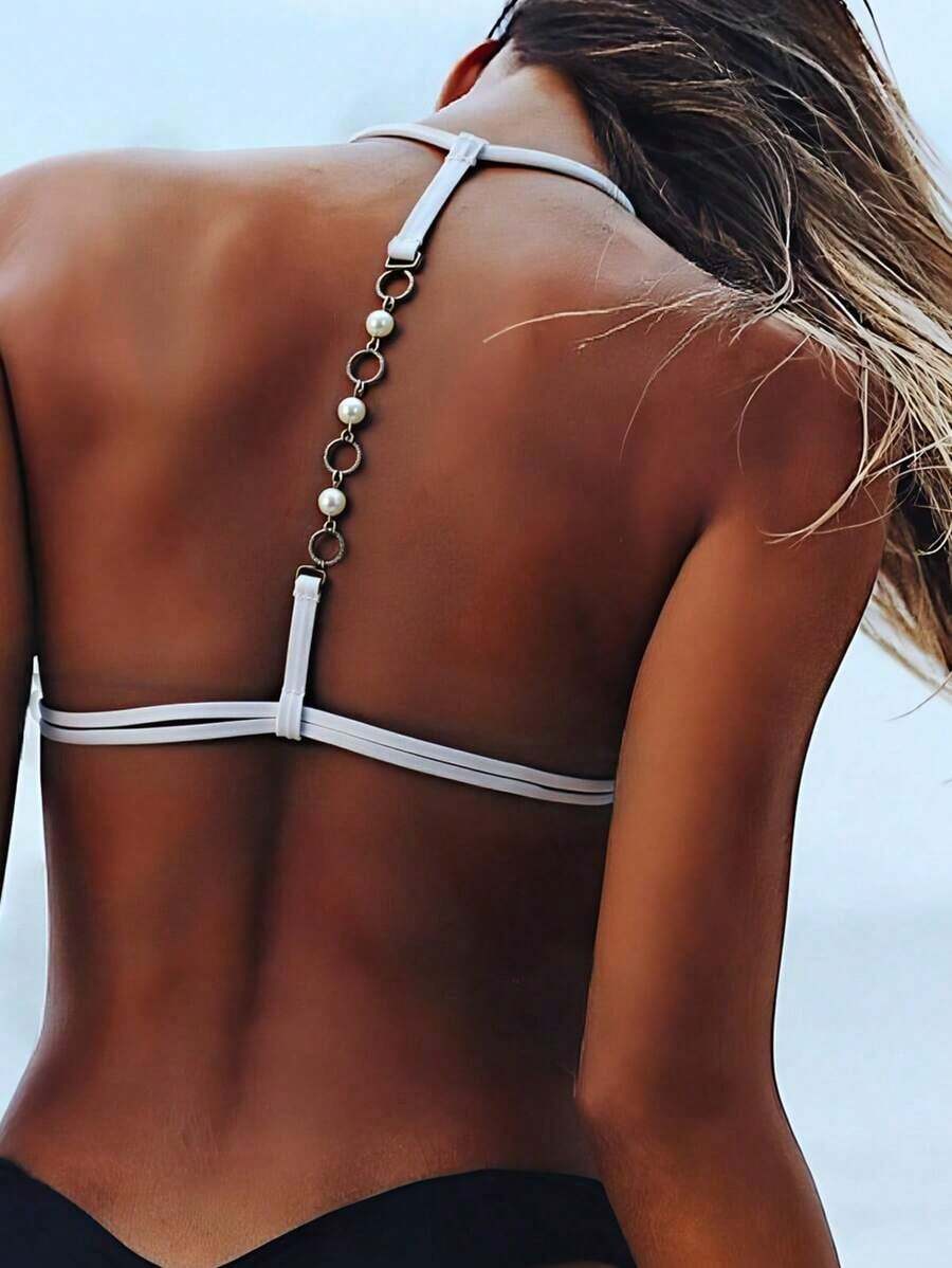 Top de Bikini Sexy y Decorativo de Color Sólido con Espalda Descubierta y Cuello Halter Swim Vcay - Blanco - Ver 1