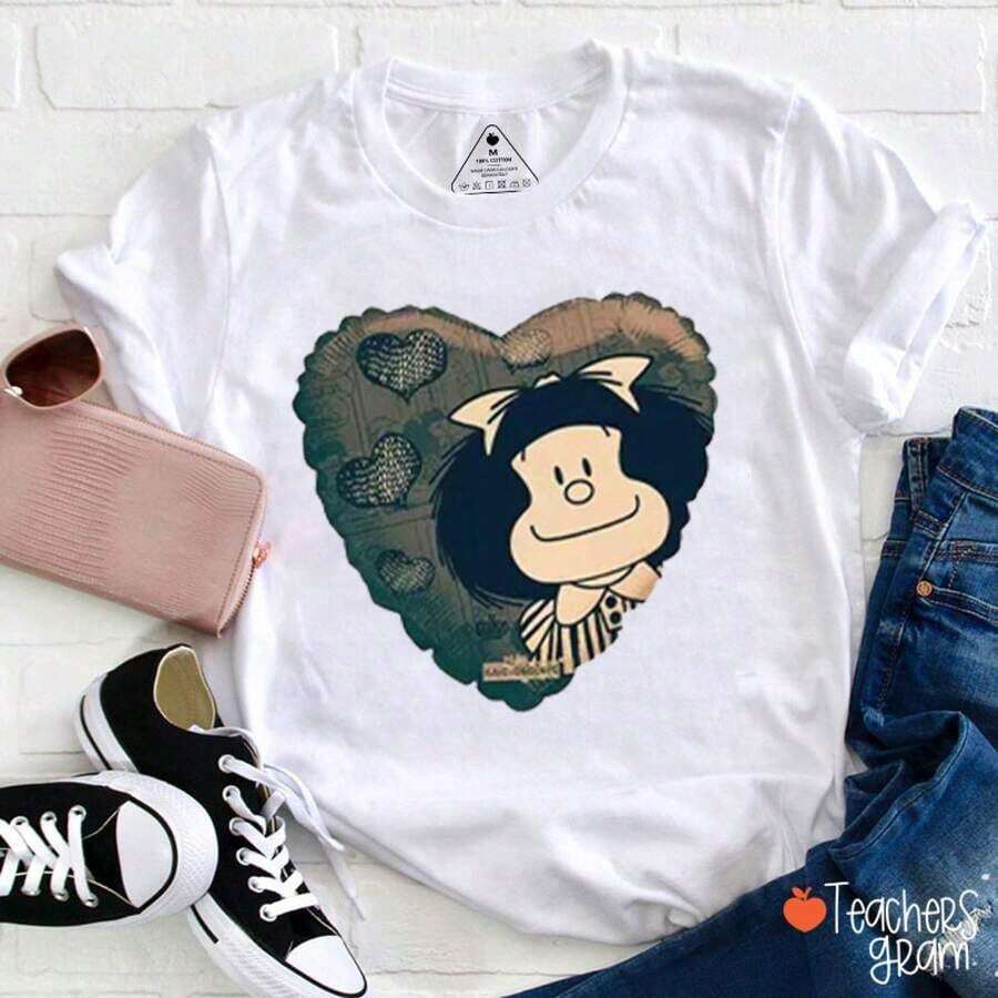 Blusas de mujer, camiseta de la profesora de medio ambiente Mafalda Loves, camiseta blanca, camiseta de vacaciones, blusas, blusas casuales para mujer, camiseta de mujer, camiseta versátil de cuello redondo con estampado, ropa exterior de mujer, primavera verano 2026 para mujer. Adecuado para varios conjuntos de ropa festiva. Adecuado para diversas festividades como el Día de San Patricio y el 100º Día de la Escuela. 994X - Blanco - Ver 1