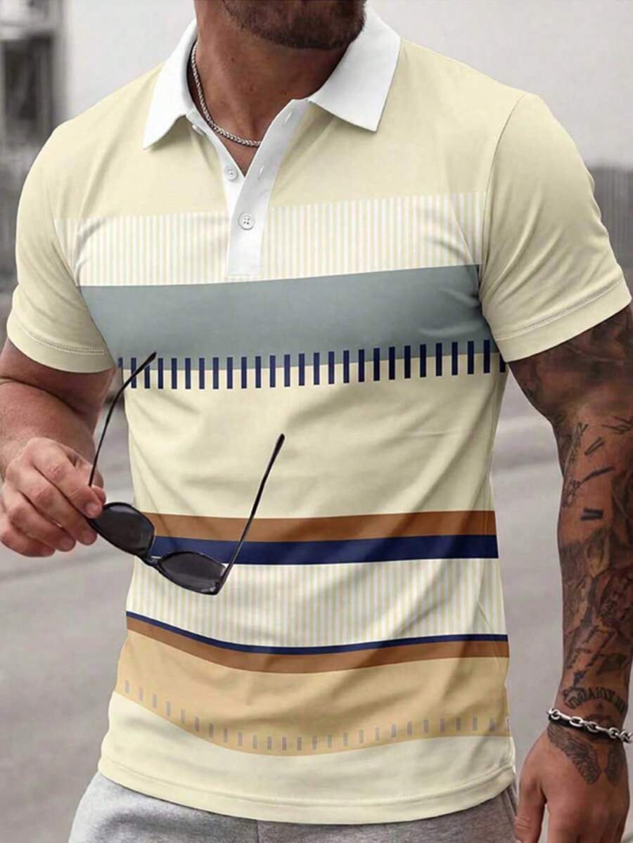 Men's Casual Colorblock Striped Polo Shirt With Collar, Summer - Multicolor - View 1