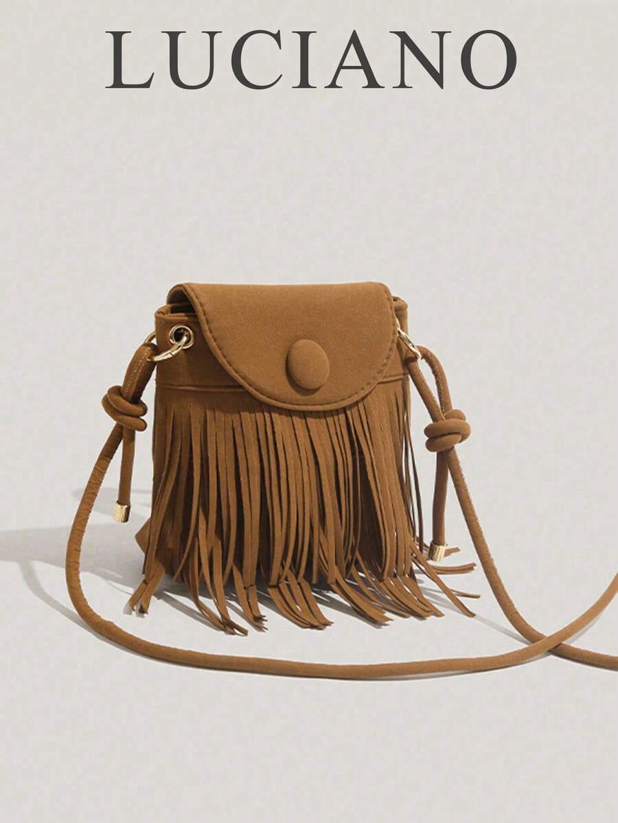 New Fashion Autumn/Winter Vintage Solid Color Tassel Women's Niche Phone Bag, Western Style Shoulder Crossbody Multifunctional Personalized Minimalist Slouchy Tassel Bag, Casual Travel Versatile Daily Simple Lightweight Bag, PU Leather - Brown - View 1