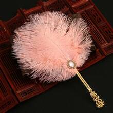Vintage Court Style Luxurious Artificial Feather Fan, Exquisite Carved Gold-Plated Handle Inlaid With Rhinestones And Pearls. Suitable For Photography Props, Banquet Ball Handheld Fan, Fashion Accessories And Home Decor. Perfect Mother's Day Gift, Travel Essential, Ideal Wedding Favor. - Fan - View 13