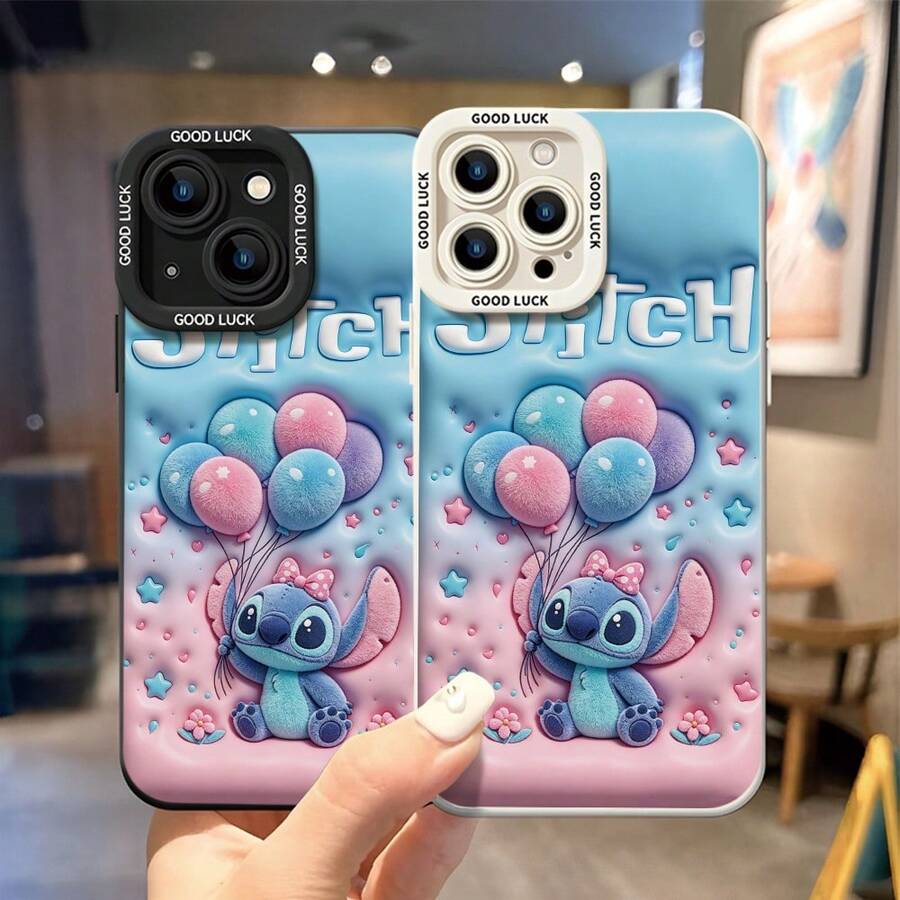 Disney Lilo & Stitch Phone Case - Balloon Stitch Protective Case, Gradient Blue‑Pink Soft Curved Background, Stitch Holding Colorful Fuzzy Balloons With Pink Polka‑Dot Bow, Decorated With Stars, Hearts And Small Flowers, White Raised "Disney Stitch" Lettering, Compatible With IPhone 17, 16, 15, 14, 13, 12, 11 Pro Series And Galaxy S22, S23, S24, S25 Models, Ideal For Birthdays, Holidays, Anniversaries, Graduation Gifts, Or Any Special Occasion To Surprise Family, Friends, Classmates, And Loved Ones. - White - View 1