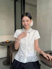 黑色 & 波點泡泡領短袖T恤，修身設計，& 多功能夏季上衣 女款 白色 - 白色 - 查看 4