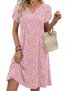 ,Flower Dress Women,2026 Women's Summer Casual Floral V-Neck A-Line T-Shirt Mini Dress Short Sleeve With Pockets Beach Sundress,Casual Summer Dress, Summer Casual Dress, Holiday Choice - 粉紅白色 - 查看 2