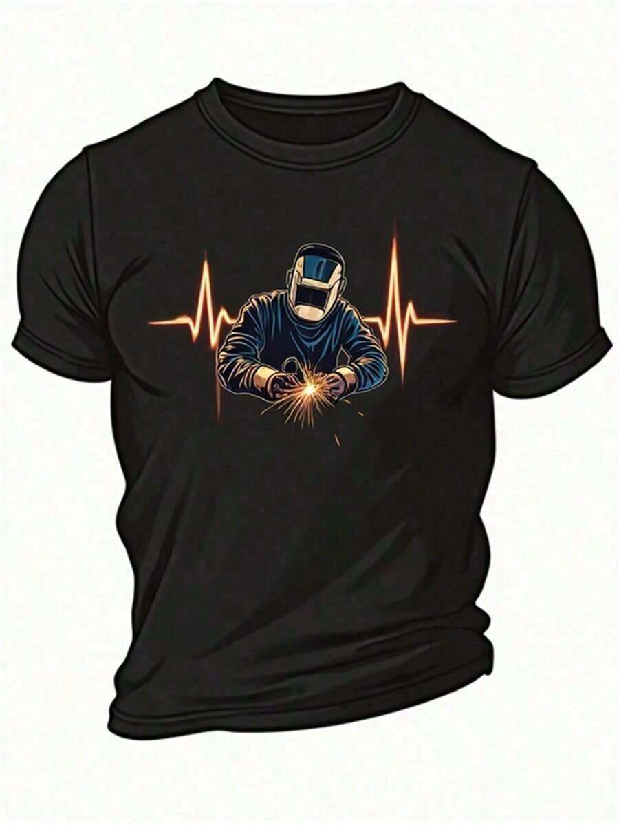 Camiseta gráfica de soldador para hombres - Diseño de línea de chispas de soldadura industrial y latidos del corazón - Camiseta de trabajo pesado - Camisa casual para todas las estaciones para soldadores, trabajadores de la construcción, metalúrgicos - Ropa de disfraz de Halloween - Regalo ideal para profesionales de la soldadura, accesorios de soldadura, ropa de metalúrgica, diseño de impresión audaz, tela duradera, camiseta de manga corta, ropa de metalúrgicos, moda de ropa de trabajo, impresión de alta calidad, ropa de trabajo, trabajadores industriales - Negro - Ver 1