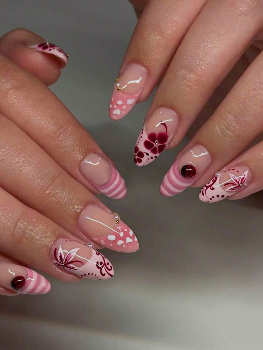24pcs Almond-Shaped French Press-On Nails, Pink, With 3D Ladybug, Striped And Floral Patterns, Includes 1pc Jelly Gel And 1pc Nail File, Summer Manicure Set - Multicolor - View 1