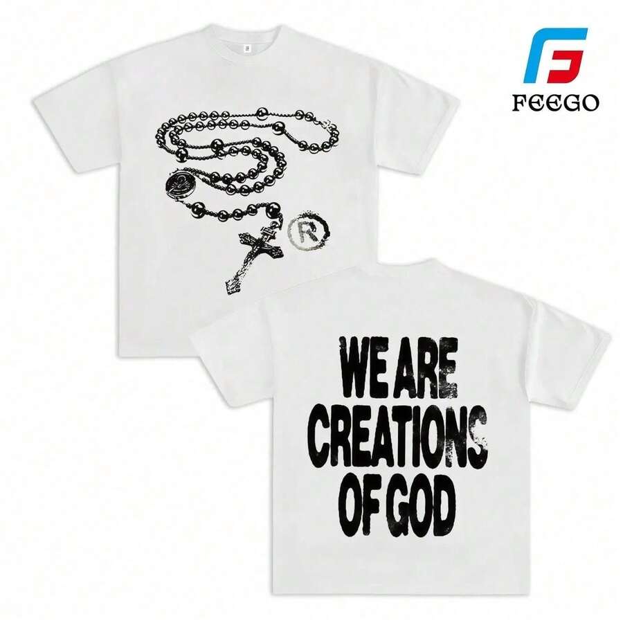 Y2K Urban Style T-Shirt With Religious Theme And The Slogan 'We Are God's Creations' (220g Cotton T-Shirt) Printed T-Shirts, Cotton T-Shirt, Unisex T-Shirts, White Graphic Design - 白色 - 查看 1