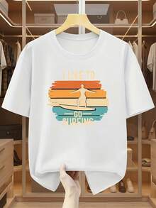 Men's Plus Size T-Shirt, 100% Cotton, Crew Neck, Short Sleeves, With A Surf Print "I LIKE TO SURF". Casual And Modern Style, Comfortable To Wear In Summer. - 白色 - 查看 6