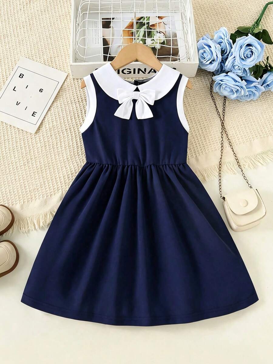 Mädchen Schulanfang Saison Mode minimalistischer College-Stil Schleife Tankkleid, geeignet für Sommer 3-7 Jahre alte Mädchen tägliche Lässig, Urlaubsparty, Schule und Outdoor-Aktivitäten - marineblau - Übersicht 1