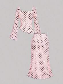 MOD Conjunto elegante de blusa asimétrica con lazo y lunares rosas, y falda de cola de pez - Multicolor - Ver 11