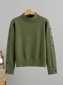 GIGOGOU Atasan Sweater Rajut Leher Tinggi Wanita Musim Gugur/Dingin, Desain Kancing Samping, Gaya Kasual Longgar, Pullover Rajut Lengan Panjang Cocok untuk Musim Gugur - Hijau - View 4
