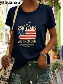4th Of July Outfit WomenUSA 250th AnniversaryCommemorative Print Women's InspiredT-Shirt Short RoundNeckTopWhite LightweightY2K Short Sleeve Round Nec - 藏蓝色 - 查看 1