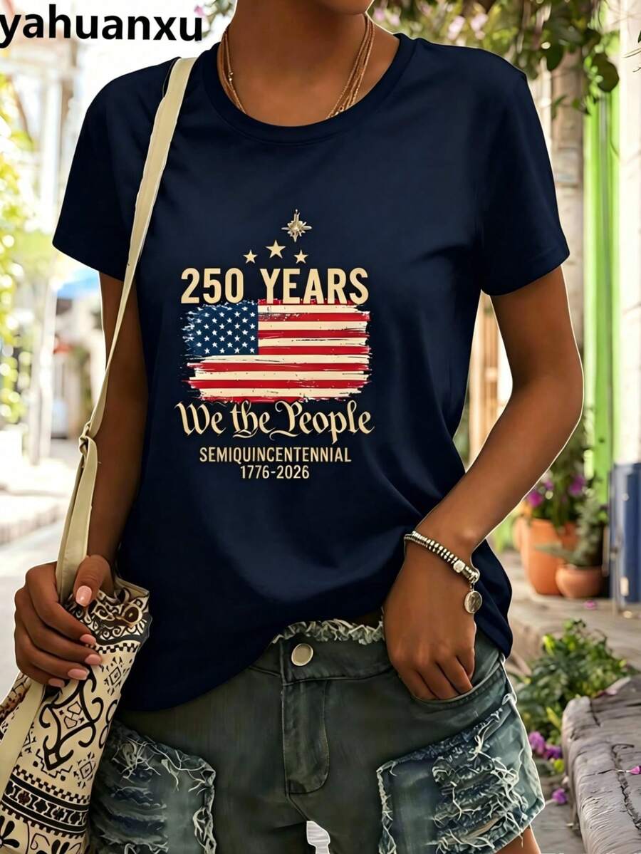4th Of July Outfit WomenUSA 250th AnniversaryCommemorative Print Women's InspiredT-Shirt Short RoundNeckTopWhite LightweightY2K Short Sleeve Round Nec - 藏蓝色 - 查看 1