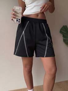 Pantalones cortos deportivos de punto con costura de contraste holgados para adolescentes, pantalones cortos tipo bermuda casuales de moda para primavera y verano, versátiles para uso diario en la escuela - Negro - Ver 6