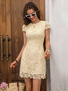 Vestido romántico de manga corta con estampado floral diminuto y bajo asimétrico de encaje para mujer - Albaricoque 2 - Ver 4