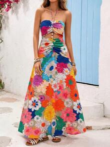 Eden Vestido estampado con estilo bohemio para mujer con corbata en el cuello, abertura en la cintura y decoración con cuentas, adecuado para vacaciones - Multicolor 2 - Ver 5