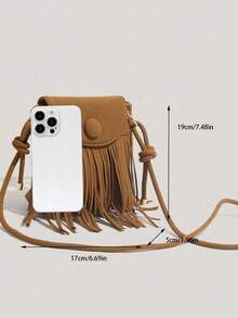 New Fashion Autumn/Winter Vintage Solid Color Tassel Women's Niche Phone Bag, Western Style Shoulder Crossbody Multifunctional Personalized Minimalist Slouchy Tassel Bag, Casual Travel Versatile Daily Simple Lightweight Bag, PU Leather - Brown - View 2