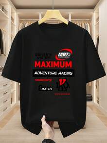 100% Cotton. Minimalist. 1 Pack. 100% Cotton Plus Size Men's T-Shirt, ADVENTURE RACING Style, With Print And Details Like "DRIVEN TO VICTORY". Comfortable, Casual Short-Sleeved T-Shirt For Summer. Summer Tee Vintage. - 黑色 - 查看 6