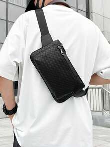 1個黑色編織紋理斜挎包 腰包 胸包 多功能包，適合返校、大學、商務旅行，PU皮革材質，簡約復古商務街頭風，時尚百搭，男士、男孩、大學生、男朋友禮物 - 彩色 - 查看 1