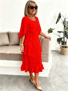 Women's Spring Summer Fashion Tiered Ruffle Crewneck Loose Fit Flowy A-Line Midi Dress Elegant Swing Dress For Daily Beach Vacation Date Night - 紅色 - 查看 5