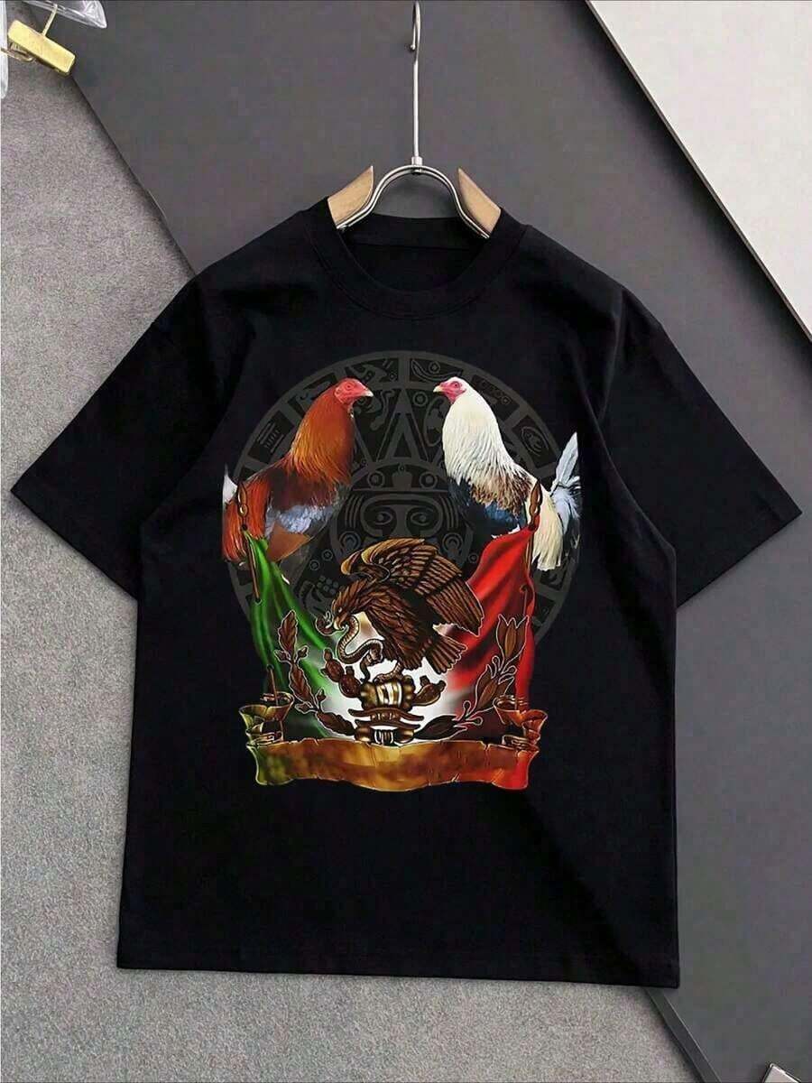 Men's Summer Fashion Casual Pattern T-Shirt With Rooster And Eagle Print On Cultural Background, Round Neck, Short Sleeves, 220g Pure Heavy Cotton, Thick And Comfortable QCWV - 黑色 - 查看 1
