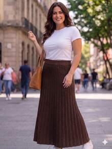 Women's Pleated Knit Skirt, Long, Wide Waistband, Evangelical Style, Elegant And Casual Knit - 鏽棕色 - 查看 3