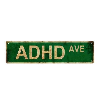 1pc "ADHD AVE" 2D Flat Effect Sign Board - Humorous, Vintage Green Street Name Plate With Aged Appearance, Suitable For Home, Bar, Cafe And Garage Decor, Garage Decor | Vintage Street Name Plate | Durable Decor, Metal Wall Art Decor, Room Decor, Pre-Drilled Holes As Size Shown