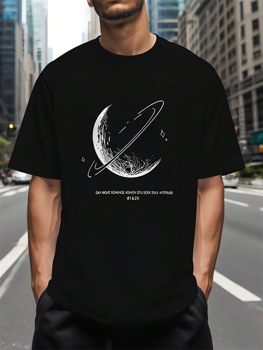 Camiseta de verano para hombre con estampado digital 3D "Cráter Lunar", ropa masculina cómoda y versátil de manga corta y cuello redondo, adecuada para uso diario y deportivo, regalo perfecto para hombres en Halloween. - Negro - Ver 1