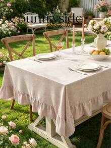 1pc Tablecloth With Ruffled Hem Decor, Polyester Fabric, Light Brown Plaid Pattern, Rectangular Or Square, Suitable For Dining Room And Living Room Table Decor - Light Coffee - View 9