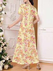 Vestido de punto de manga corta con cuello en V elegante amarillo para primavera/verano con estampado floral diminuto, se puede usar como prenda exterior o interior, adecuado para el trabajo, citas, vacaciones, casual, fiestas, festivales, vestido maxi floral, vestido vintage - Caqui - Ver 7