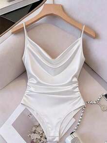 Camiseta sin mangas con cuello drapeado y fruncido, adecuada para uso diario, body con cuello drapeado, body de mujer, body de satén - Blanco - Ver 1